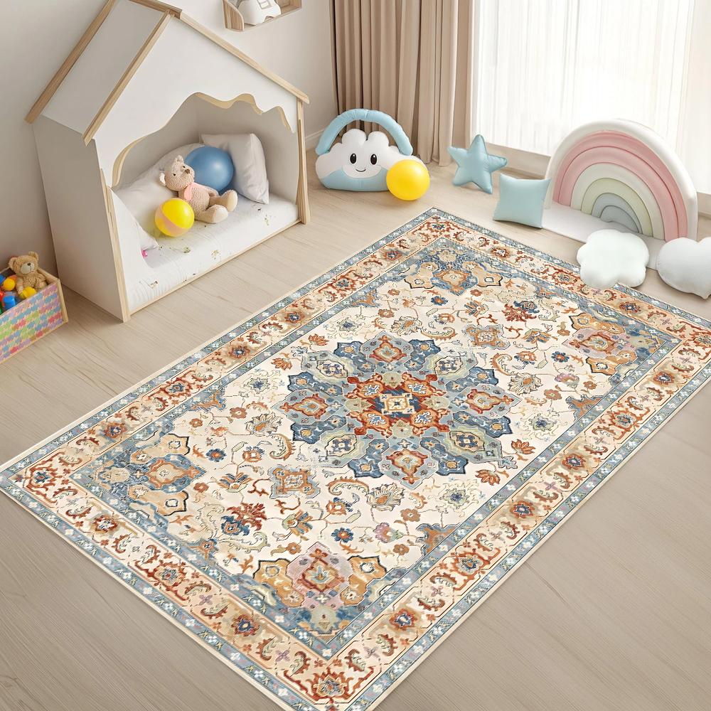 Vintage Ethnic Floral Rug Traditional Pattern Soft Color Palette Durable Easy to Clean Non-Slip Carpet for Living Room Bedroom