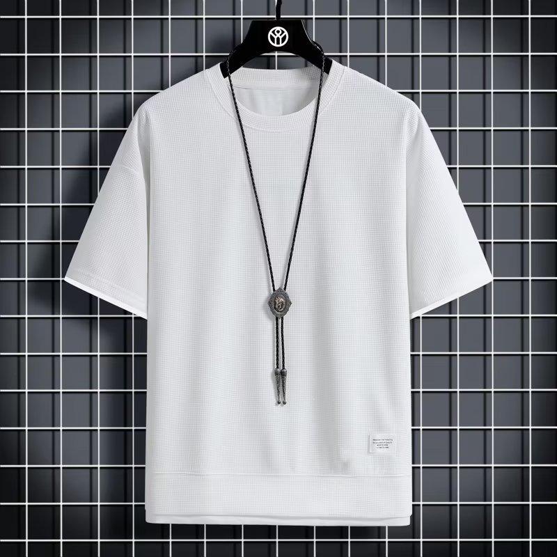 Little Clothing Вафельный круглый вырез короткий рукав мужской летний новый фейковый двухкомпонентный свободный ледяной шелк тонкий рукав до локтя