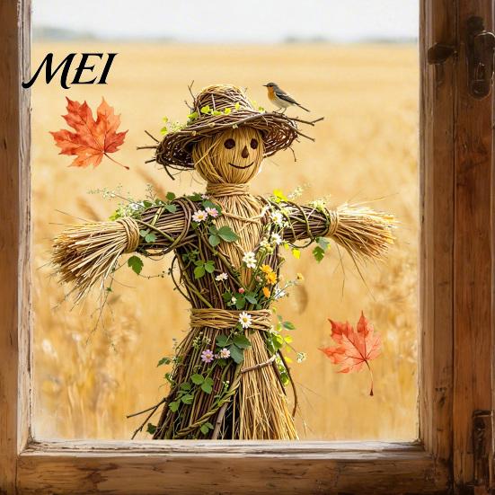 Autumnal Home Embellishment Scarecrow Window Stickers with Realistic Maple Leaf, Pastoral Decals, Waterproof Holiday Party Ornament PVC Static Clings