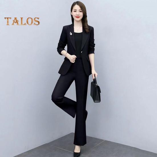 Женский комплект из 2 предметов: пальто и брюки, отложной воротник, длинные рукава, пиджак, облегающий крой, однотонные расклешенные брюки, повседневная одежда для поездок на работу и в офис