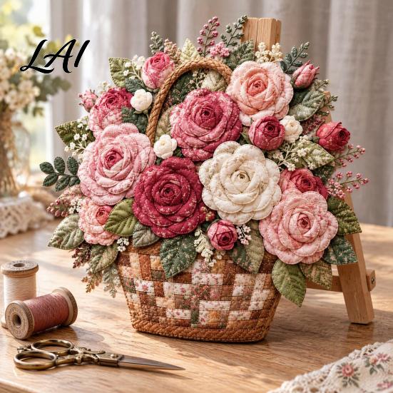 DIY Craft Kit with Precut Fabric Floral Basket Patchwork Kit Sewing Pre-cut Fabric Flower Project for Adults Handmade Home Wall Art Decor