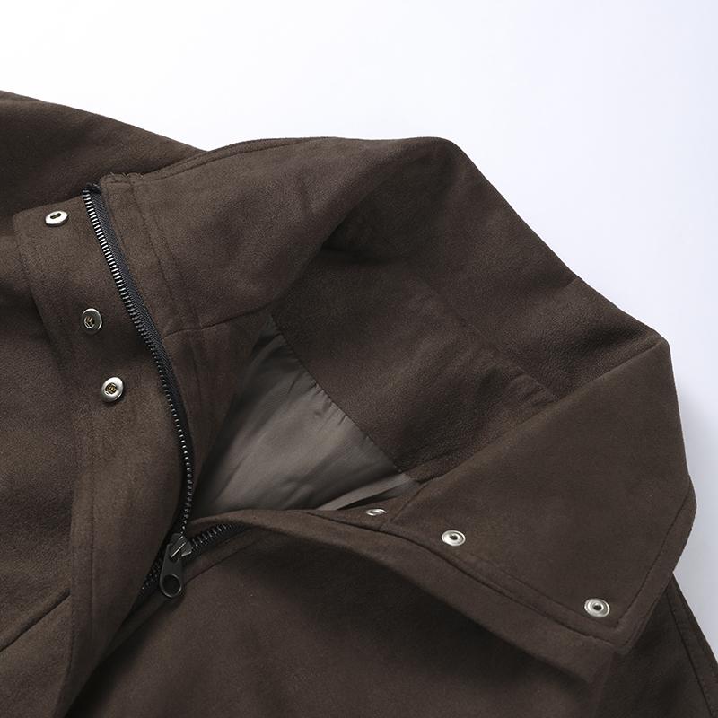 Куртка женская замшевая ветрозащитная и теплая коричневая с воротником-стойкой, на молнии, с длинными рукавами, ретро уличный стиль, осень-зима