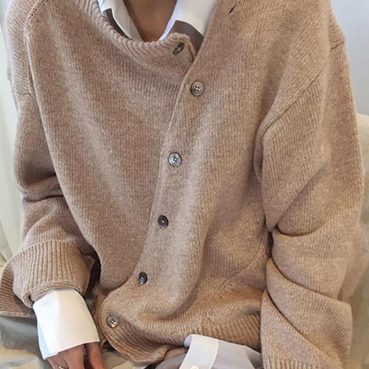Fashion Elegant Vintage Knit Coats for Women Autumn Winter Round Neck Cardigan Sweater Jacket Irregular Oblique Button Knitted 25140