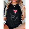Casual Loose T Shirt Black Hand Sign Heart Print Graphic Tee Women Summer Fashion Top Daily Wear Street Style Outfit