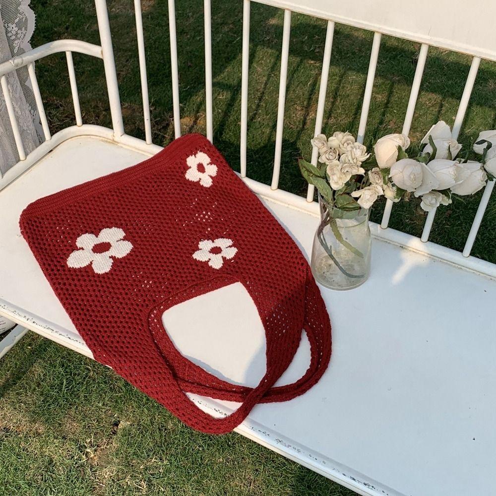 Crochet Flower Ethnic Style Mesh Hollowed-out Shoulder Bag Tote Bag Women Handbag Woven Knitted Bag