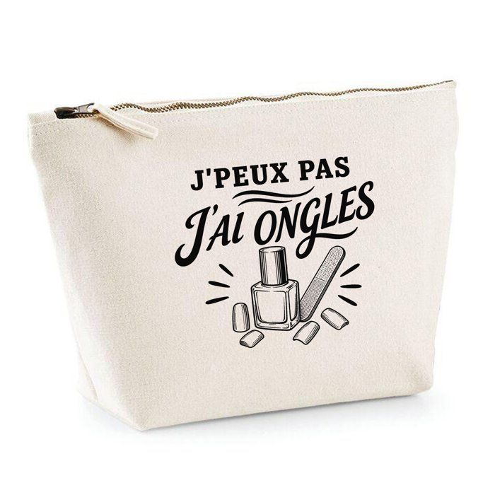 Trousse Beige J’peux pas j’ai Ongles J'peux pas minimaliste | Trousse de Toilette en Coton 3 L avec Zip Métal et Fond Plat