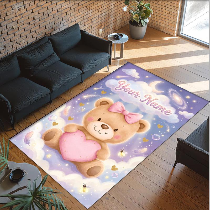 Teddy Bear Theme Crystal Velvet Rug Personalized Custom Name Text Soft Floor Mat Home Decor