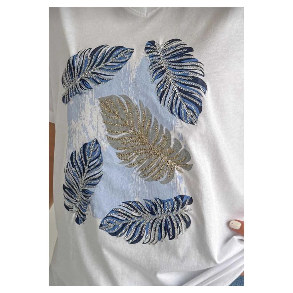 Женская черная футболка из 100 % хлопка с v-образным вырезом и вышивкой пайетками больших размеров