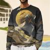 Crane Sun Pattern Men's Retro 3D Printed Sweater Spring and Autumn Long Sleeve Loose Top Round Neck Hoodie Pullover