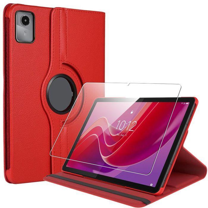Coque + Verre Trempé pour Lenovo Tab M11 2024, Antichoc avec Support Rotatif Effet Cuir Rouge