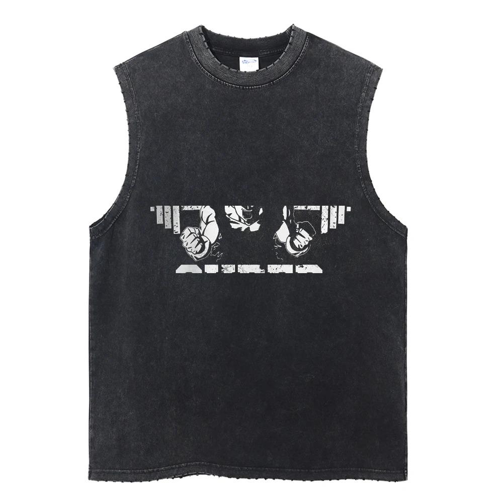 Men Vintage Vest Streetwear Anime Print Tank Tops Unisex Casual Sleeveless Tops Shirt Summer Cotton Washed Black Tees