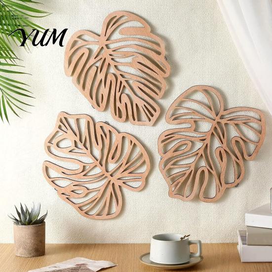 Rustic Wooden Wall Sculpture 3Pcs Hollow Monstera Leaf Decoration, Tropical Art Hanging Plaque, Decorative Minimalist Home Decor with Hook for Living
