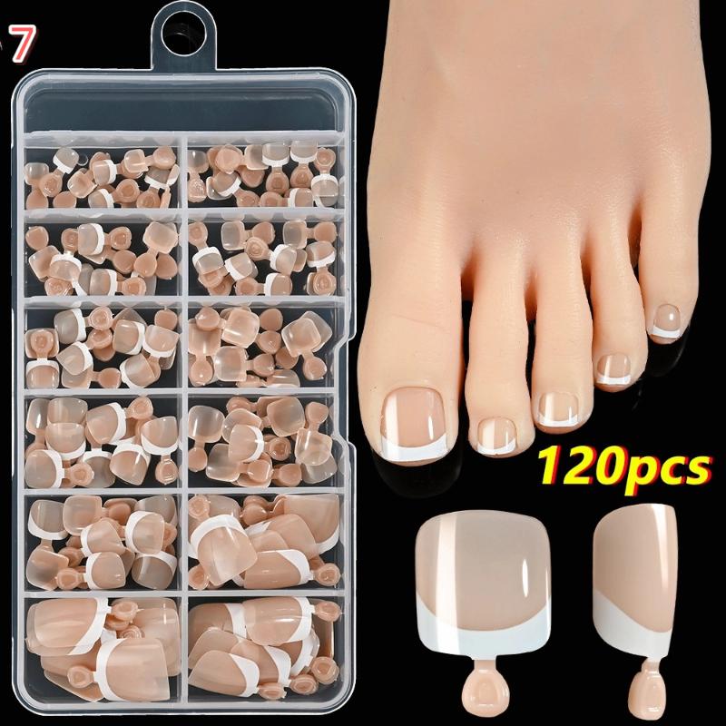 120Pcs French Short Square Artificial Press On Toenails Nude Pink Full Cover False Toe Nails Fake Toe Nail Extension For Women