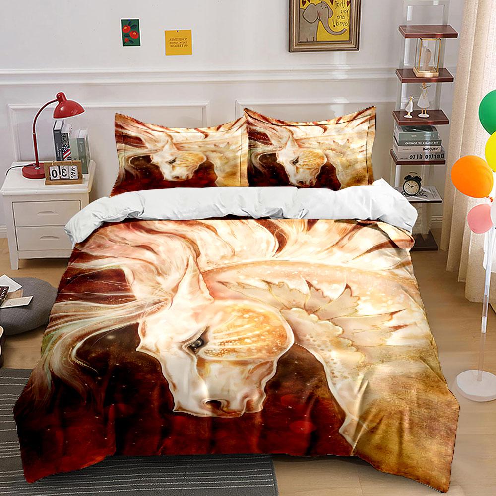 Golden horse with feathers. Bedding sets Duvet cover sets Duvet covers Pillowcases(1 * Duvet Cover 2 * Pillowcases, without duvet insert)