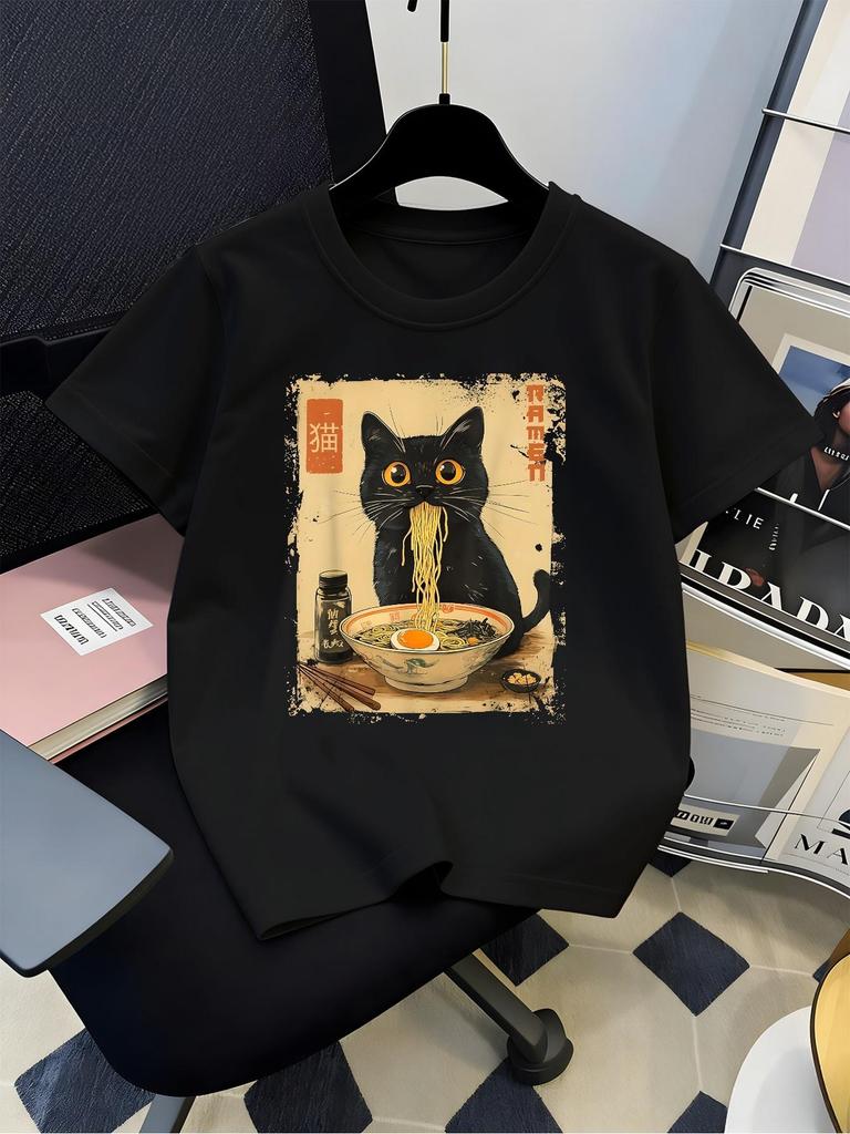 Семейная футболка для детей и родителей, matching, мальчики, девочки, Черный кот ест рамен, японское винтажное искусство, повседневная, с коротким рукавом, семейная футболка