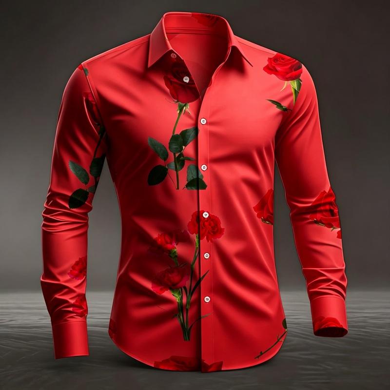 Men's Red Rose Printed Long Sleeved Shirt with White Casual Button Up Top for Romantic Occasions