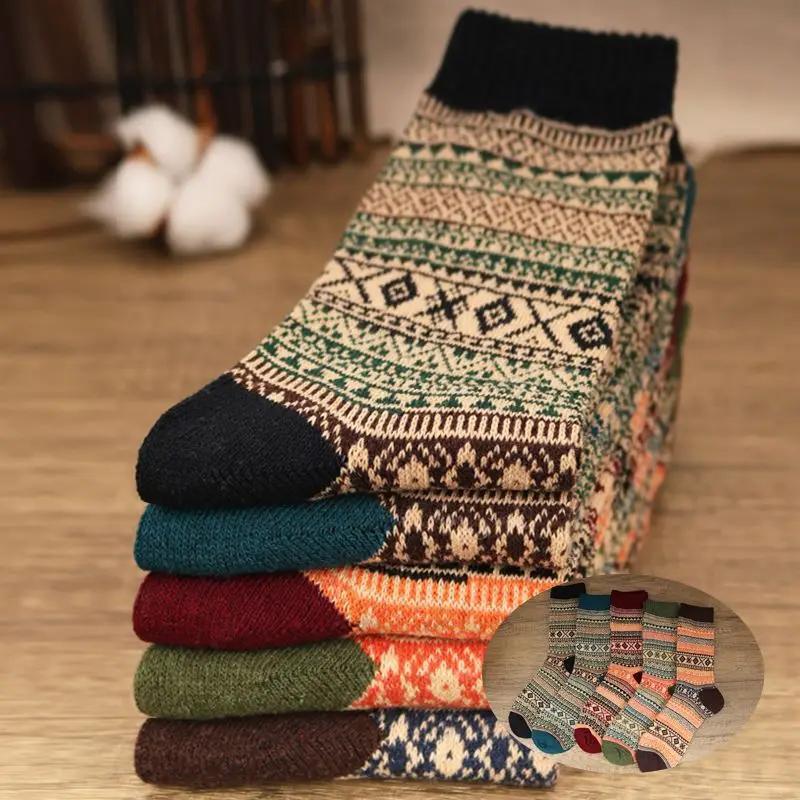 5 Pairs Winter Men's Socks Thicken Warm Sheep's Wool Socks Harajuku Retro Style Colorful Fashion Cotton Socks For Snow Boots