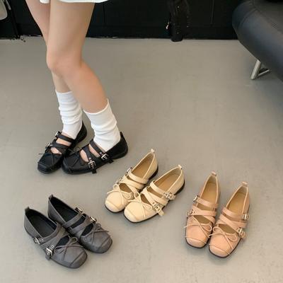 Корейская версия туфель Мэри Джейн с квадратным носком и перепонкой на подъеме, женские туфли 2025, новые французские туфли на толстом каблуке с бантом и перекрестной пряжкой