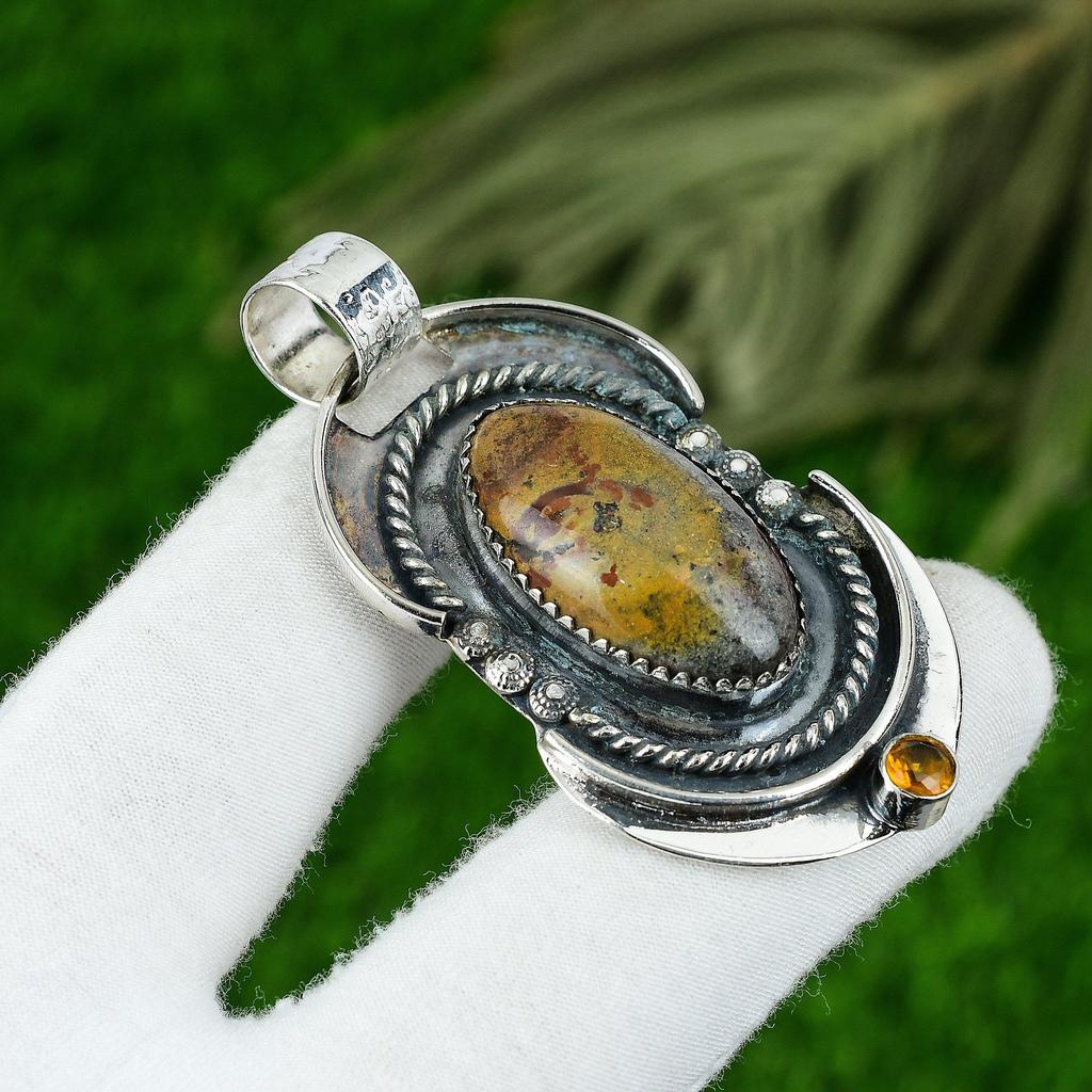 Natural Polychrome Jasper Gemstone Pendant Green 925 Sterling Silver Jewelry