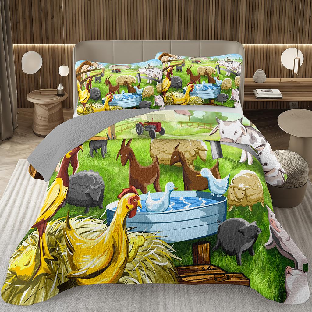 Funny Cartoon Animal Bedspread Queen/Full Kawaii Elephant Panda Coverlet Reversible Grey Quilted Bedding Set For Kids Teen Room