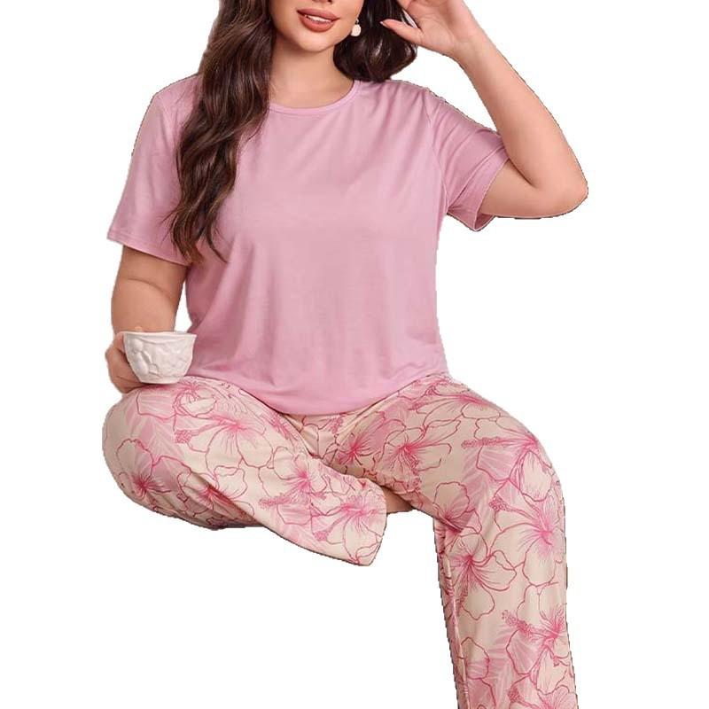 Plus Size Womens Floral Pajama Set Short Sleeve Long Pants Loungewear