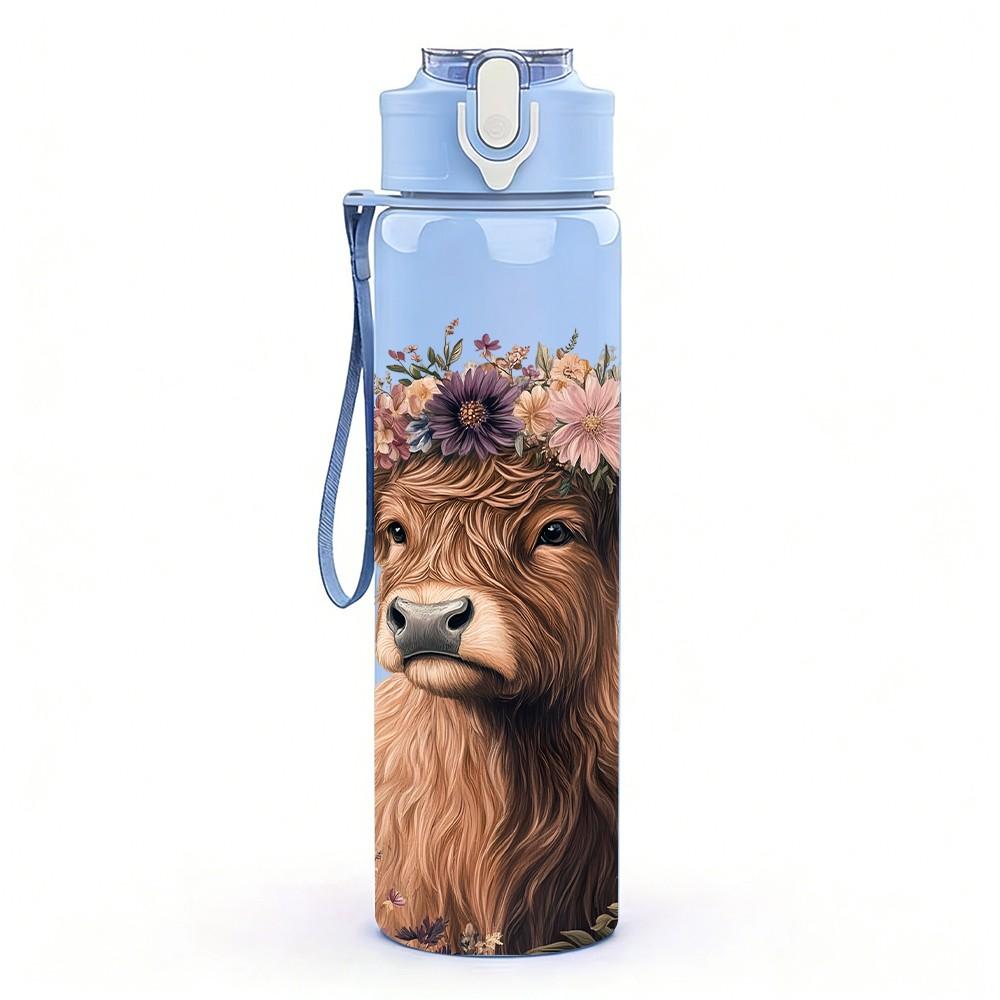 1PC Highland Cow Shaggy Cattle Portrait Print 750ml Color Plastic Sports Water Bottle Leakproof Flip Straw Lid Suitable for Sports Office Home Use