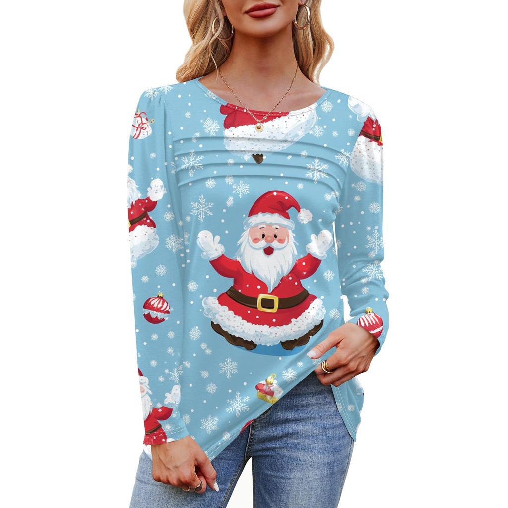 Женская футболка с круглым вырезом и длинными рукавами с принтом рождественской елки и снежинки