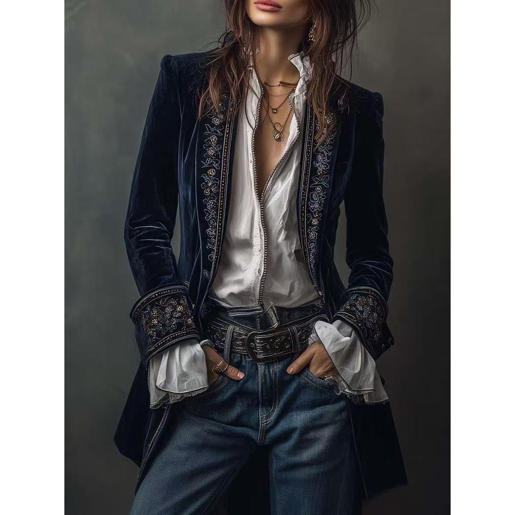Женское пальто из бархата в европейско-американском стиле, с длинным рукавом, однотонное, с пэчворком и кружевной отделкой