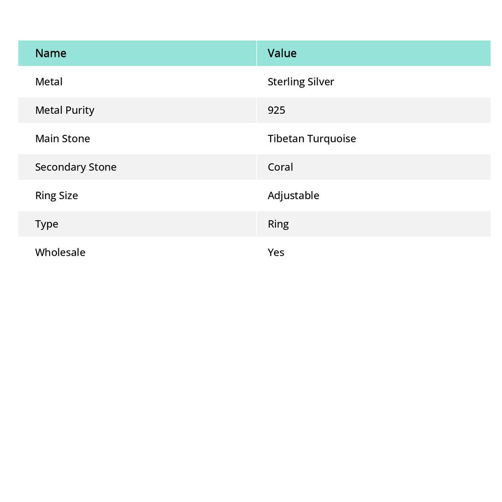 Тибетская бирюза, Коралл Драгоценный камень Кольцо из стерлингового серебра 925 пробы Регулируемый размер U2b09