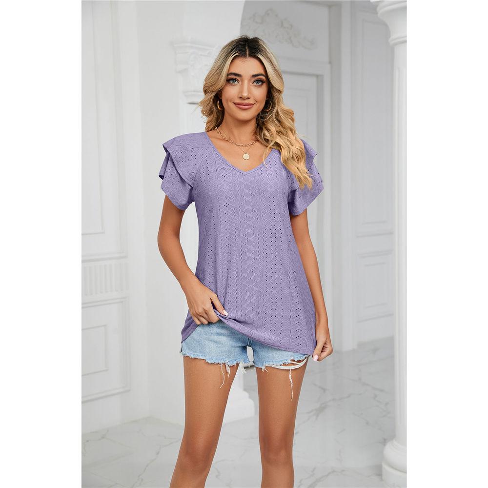 Женские летние топы с люверсами, V-образным вырезом, двойными оборками на рукавах, повседневные блузки, рубашки, свободные топы