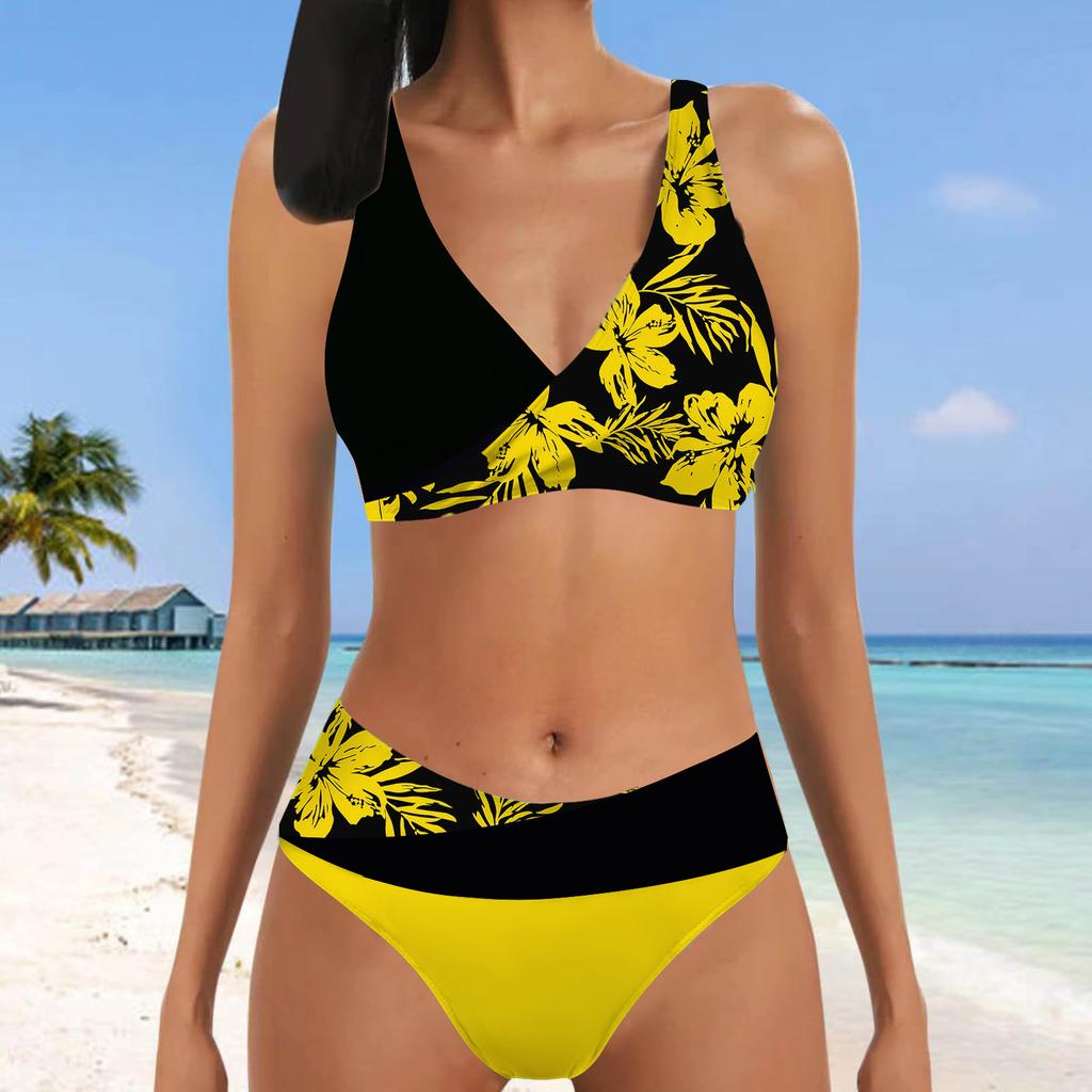Women's Halter Two Colored Flowers Print Bikini Tankini Swimsuit
