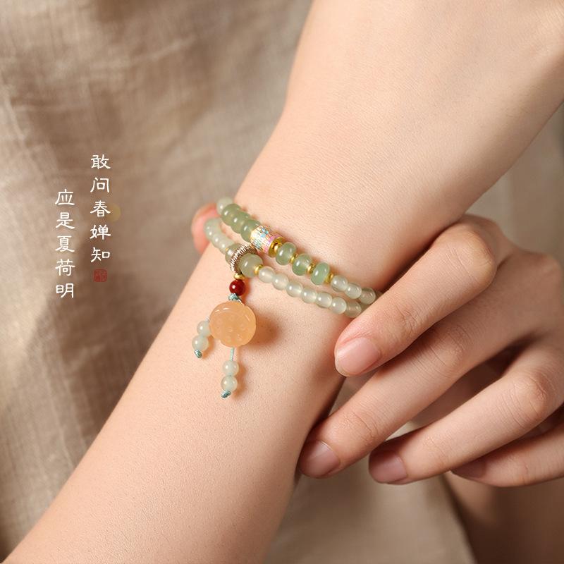 Artistic and fresh, new Chinese style, jade green glass lotus pod double-ring fine layered bracelet for women, elegant and high-end