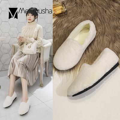 Модные короткие хлопковые туфли женские лоферы из кроличьего меха с круглым носком классические мокасины без застежек криперы уютные теплые туфли на плоской подошве woman2024