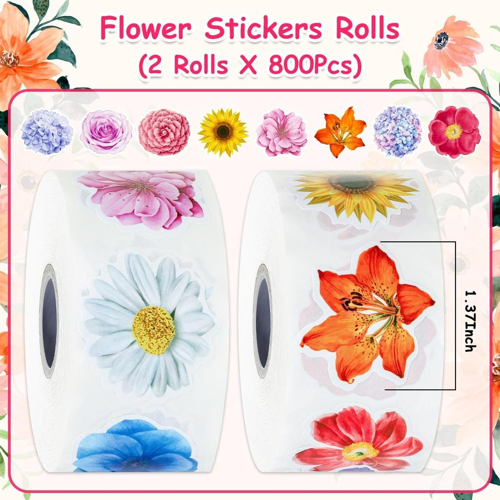 Flower Stickers,Flower Stickers Roll for Kids,Flower Roll Sticker for Scrapbooks,Water Bottle,Present Boxes Decorations(16 Styles)