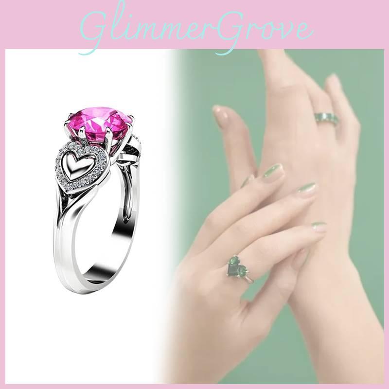 Fashionable Heart Shaped Pink Zircon Crystal Ring With Silver Plated Adjustable Band For Women