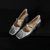Silver Sheepskin Square Head Thick Heel Single Shoes Women's Medium Heel Soft Leather One-word Buckle Mary Jane Shoes Spring and Autumn