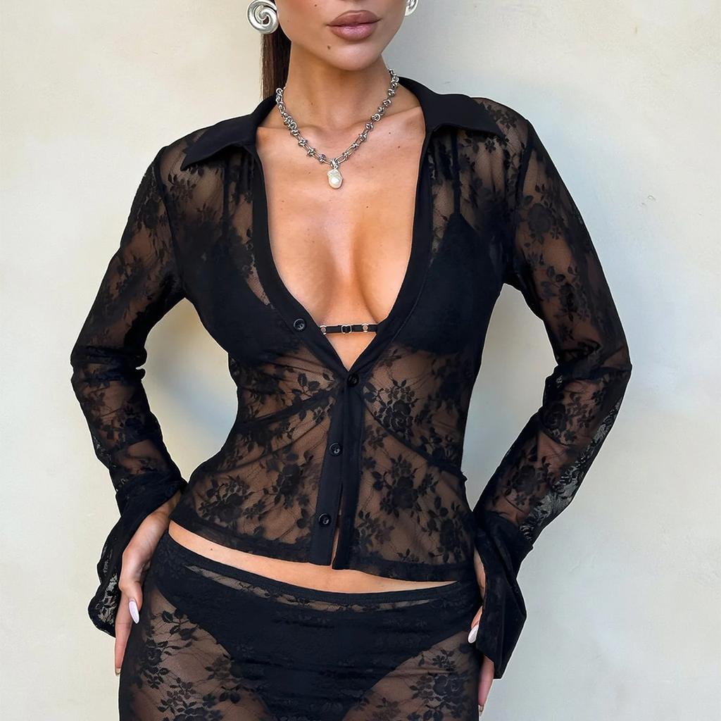 Осенний женский кардиган Y2K с длинным рукавом, сексуальный, с талией, с вырезом, кружевная рубашка, топ
