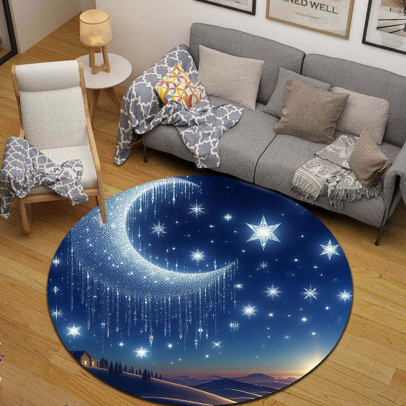 Artistic Round Moon Blue Area Rug, Non-Slip Floor Mat for Kitchen