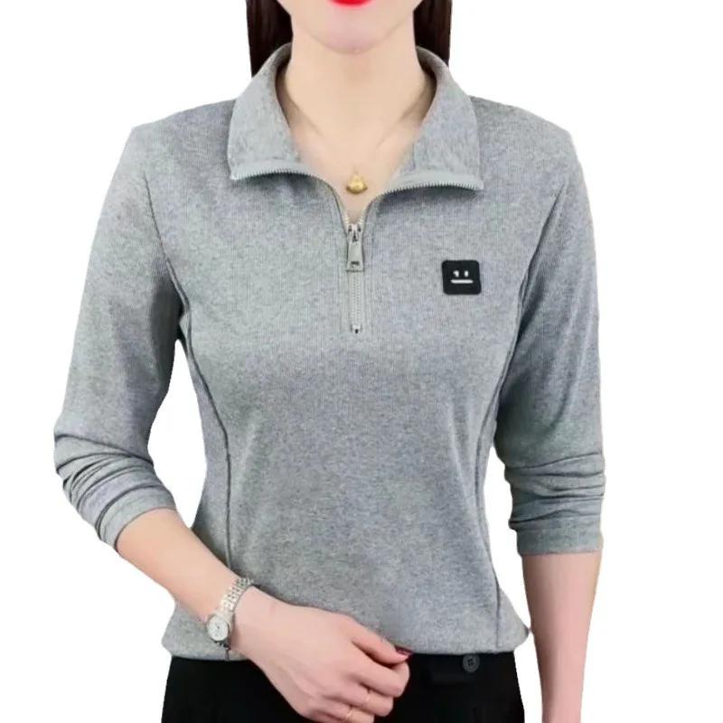 Женское платье поло 2025 Весна Мода Темперамент Молния Лацкан Однотонный Повседневный С длинным рукавом Топ поло Рубашка для ношения под низ