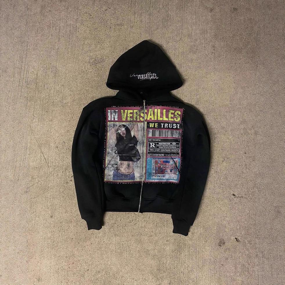 American fashion hip-hop zipper jacket loose high street personality print men's and women's same hooded sweater