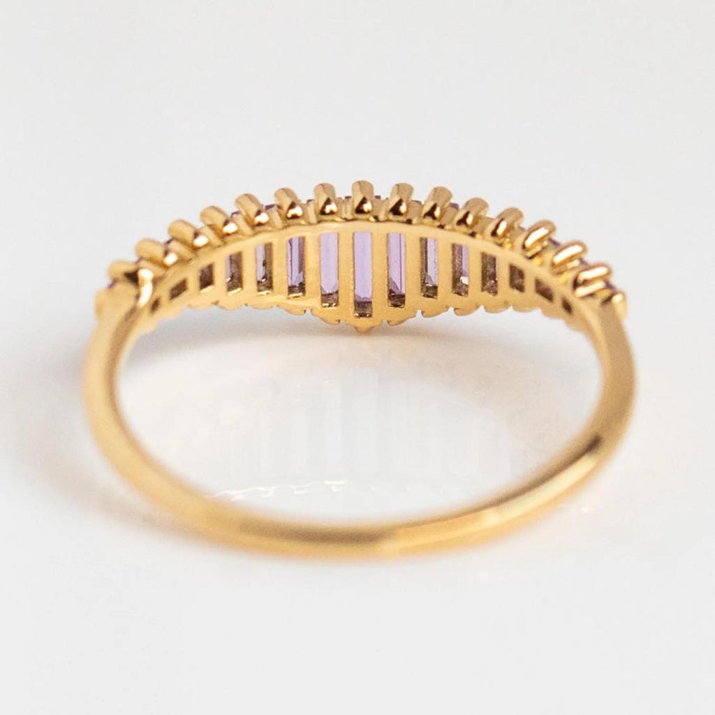 Amethyst Chevron Band – Gold Plated V-Shaped Baguette Cut Ring, Purple Gemstone Stacking Wedding Band, Anniversary Gift for Women