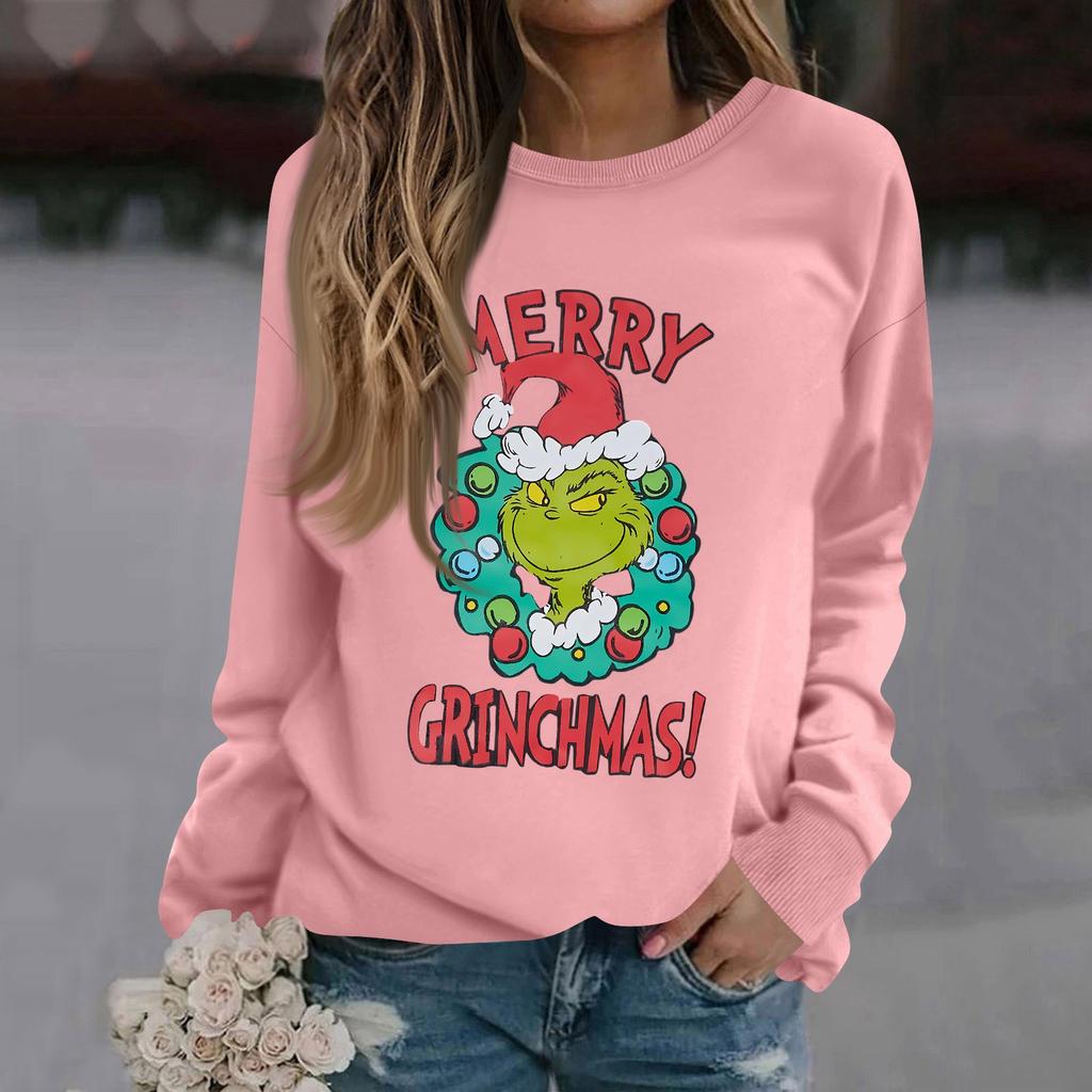 Женская модная повседневная толстовка с длинным рукавом, однотонная, с рождественским принтом, с круглым вырезом