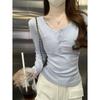 Baby Blue Half-open Neck Front Shoulder Bottom Top Women's Spring and Autumn Slim-fit Sweet Hottie Long-sleeved Shirt with Chest Pad Suspenders