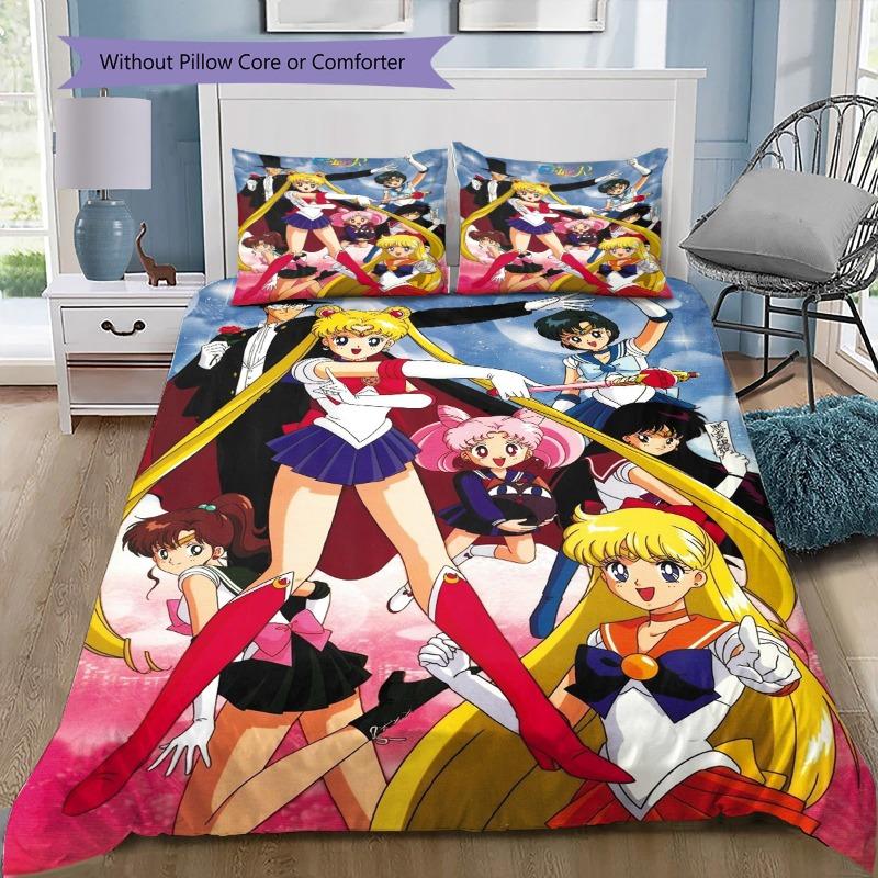 Anime Sailor Moon Group 3 Piece Bedding Set, Pink Magical Girl Duvet Cover Set