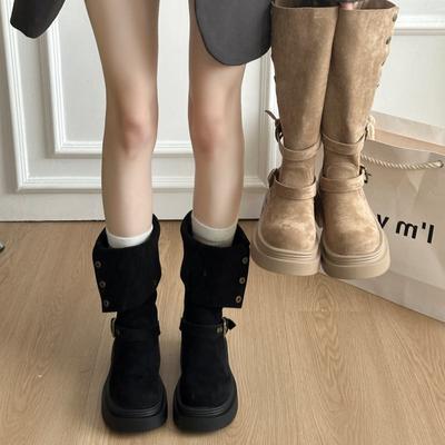 Рыцарские сапоги новая западная модель 2025 сапоги на толстом каблуке коричневые женские сапоги на платформе с джинсовым голенищем высокие сапоги увеличивают рост осень и зима