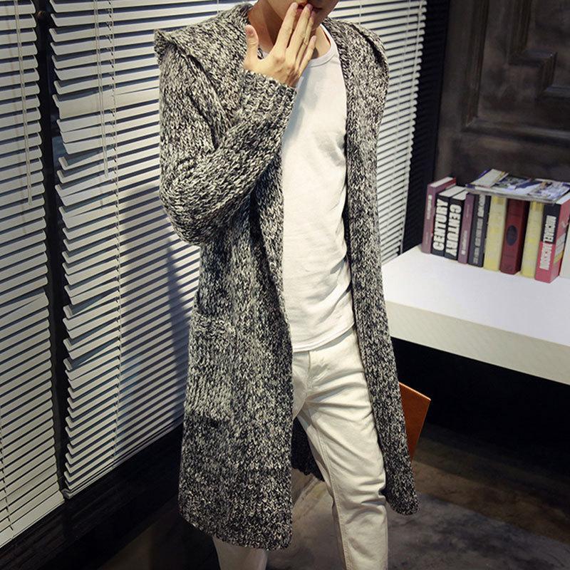 Men Hooded Jacket Long Knitted Cardigan Coats Solid Color Sweater Coats Autumn Knitted Jacket