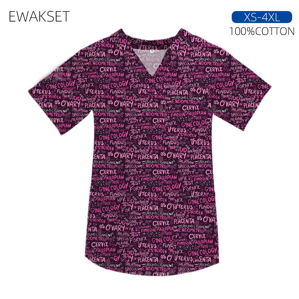 Women Men Printed Cotton Scrub Top Hospital Short Sleeve V-Neck Medical Nursing Uniform for Dentist Nurse Doctor