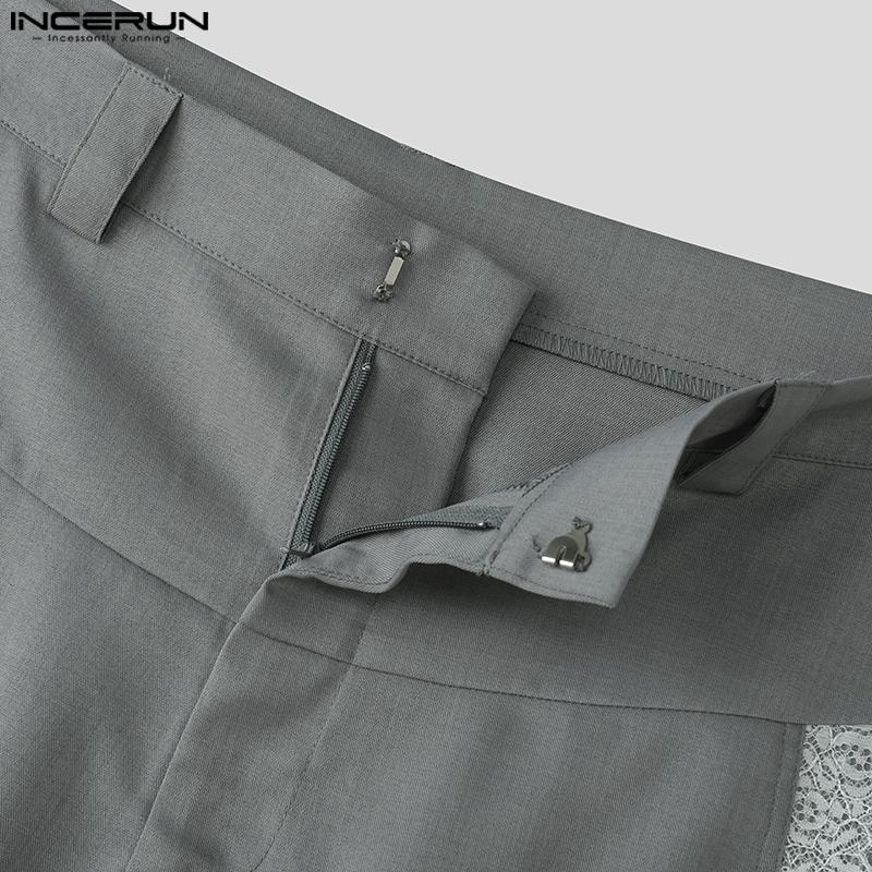 INCERUN Мужские повседневные длинные прямые брюки на молнии с кружевной вставкой сбоку на талии