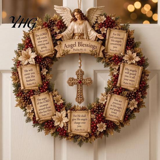 Faith Based Gifts Christian Bible Verse Christmas Wreath, Pine Cones Decor, Religious Rustic Wooden Cross Sign Scripture Wreath for Front Door