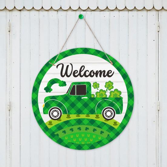 St. Patrick's Day Welcome Door Sign Irish Shamrock Top Hat Plaid Paper Door Hanging Sign Front Door Hanger Decoration Decorative Wall Plaque